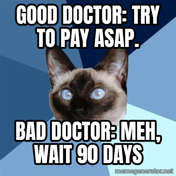 Chronic Illness Cat meme: Good Doctor: Try to pay Asap. / Bad Doctor: Meh, wait 90 days