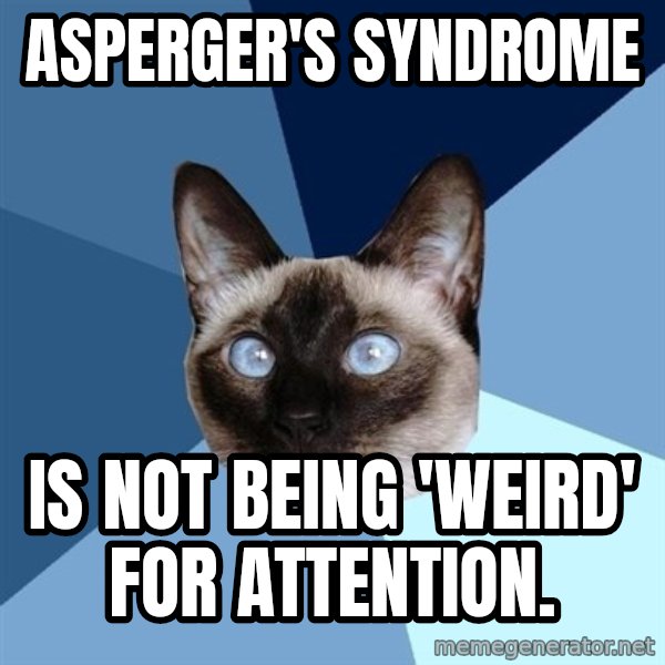 Chronic Illness Cat meme: Asperger's Syndrome / is not being 'weird' for attention.