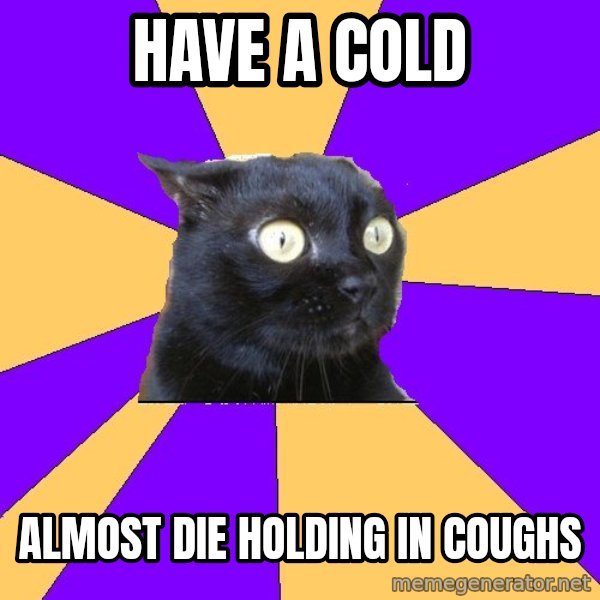 Anxiety Cat meme: Have a Cold / Almost die holding in coughs