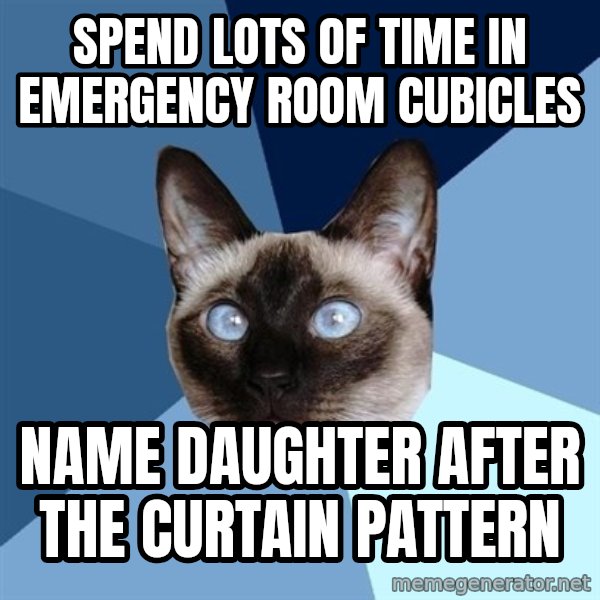 Chronic Illness Cat meme: Spend lots of time in emergency room cubicles / name daughter after the curtain pattern