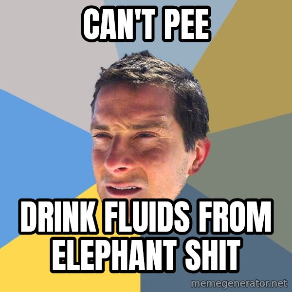 Bear Grylls meme: can't pee / drink fluids from elephant shit