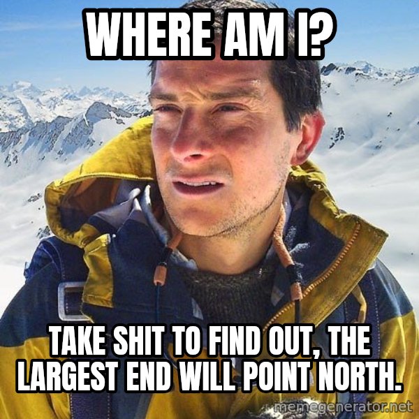 Bear Grylls meme: where am i? / take  shit to find out, the largest end will point north.