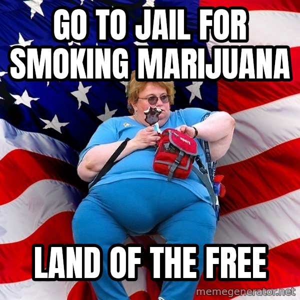 Obese American meme: go to jail for smoking marijuana / land of the free
