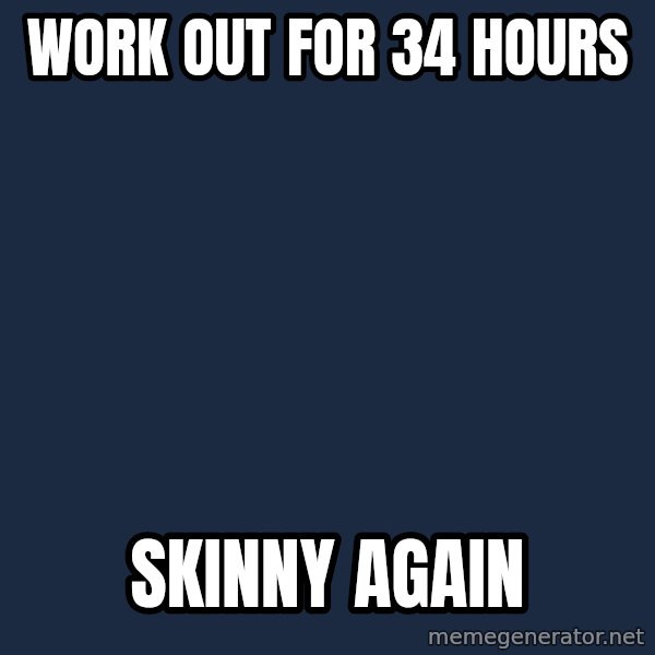 Sims meme: WORK OUT FOR 34 HOURS / SKINNY AGAIN