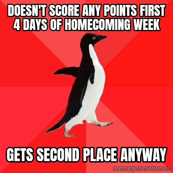 Socially Awesome Penguin meme: Doesn't score any points first 4 days of homecoming week / gets second place anyway