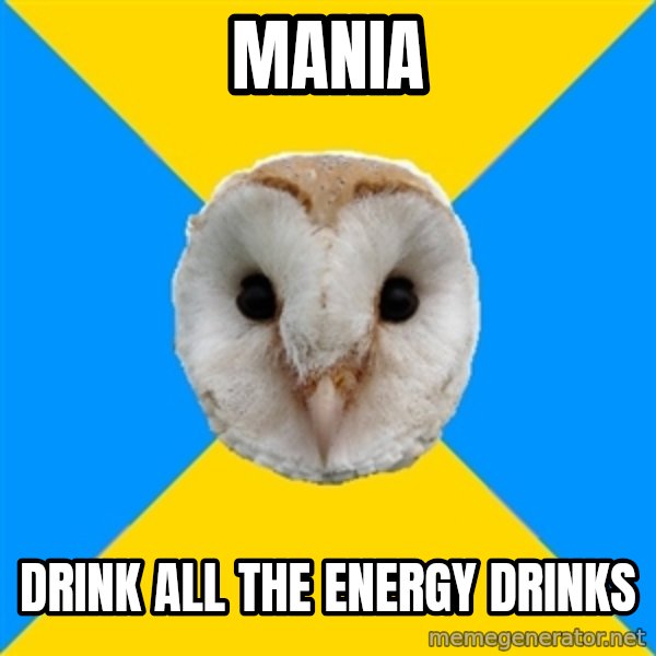 Bipolar Owl meme: mania / drink all the energy drinks