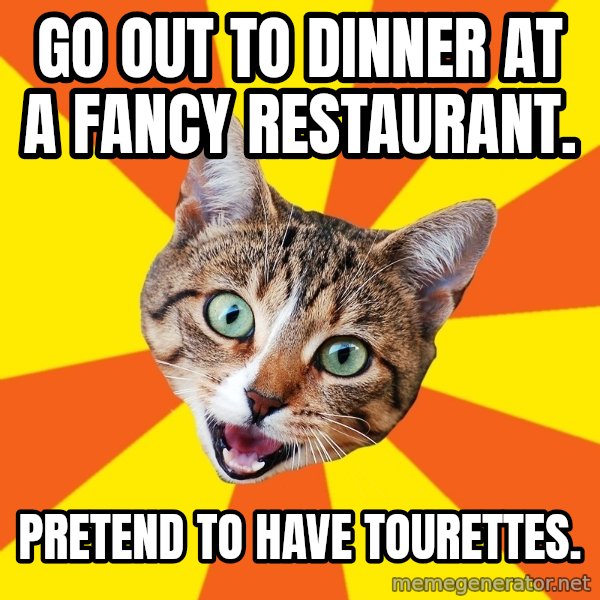 Bad Advice Cat meme: Go out to dinner at a fancy restaurant. / Pretend to have Tourettes.
