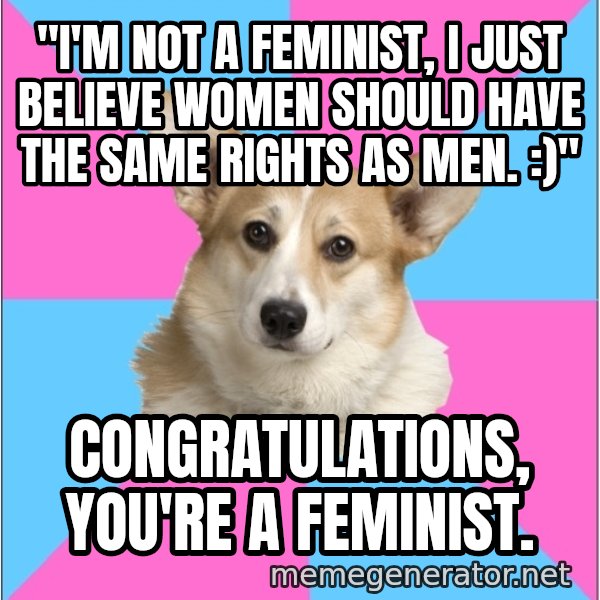 Critical Feminist Corgi meme: "I'm not a feminist, I just believe women should have the same rights as men. :)" / Congratulations, you're a feminist.
