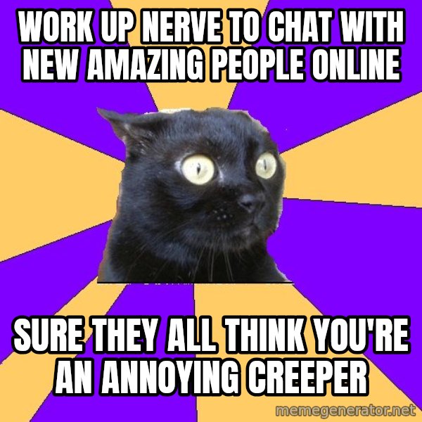 Anxiety Cat meme: work up nerve to chat with new amazing people online / Sure they all think you're an annoying creeper