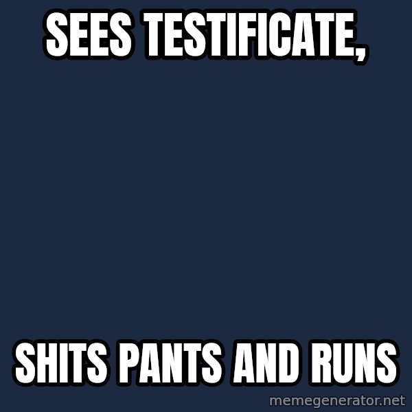 Minecraft Guy meme: Sees testificate, / shits pants and runs