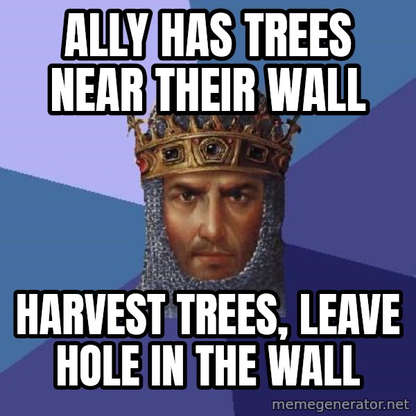 Age Of Empires meme: ally has trees near their wall / harvest trees, leave hole in the wall