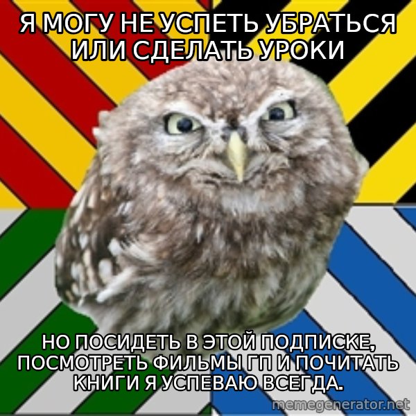 JEALOUS POTTEROMAN meme: я могу не успеть убраться или сделать уроки / но посидеть в этой подписке, посмотреть фильмы Гп и почитать книги я успеваю всегда.