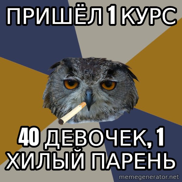 Art Student Owl meme: пришёл 1 курс / 40 девочек, 1 хилый парень