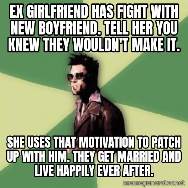 Tyler Durden meme: ex girlfriend has fight with new boyfriend. tell her you knew they wouldn't make it. / she uses that motivation to patch up with him. they get married and live happily ever after.