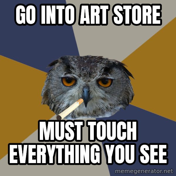 Art Student Owl meme: go into art store / must touch everything you see