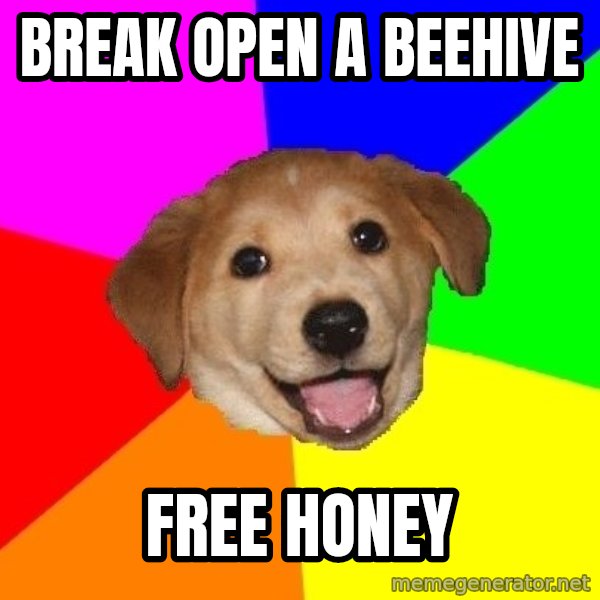 Advice Dog meme: break open a beehive / free honey