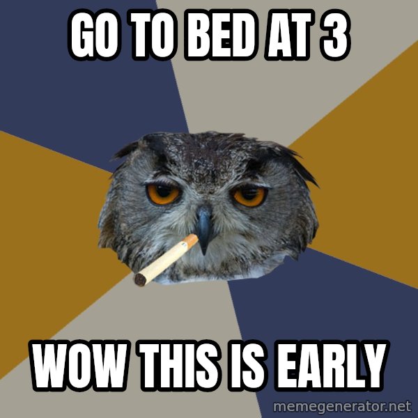 Art Student Owl meme: go to bed at 3 / wow this is early