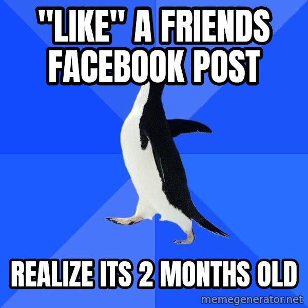 Socially Awkward Penguin meme: "like" a friends facebook post / realize its 2 months old