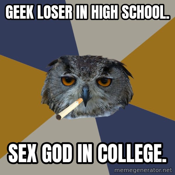 Art Student Owl meme: geek loser in high school. / sex god in college.