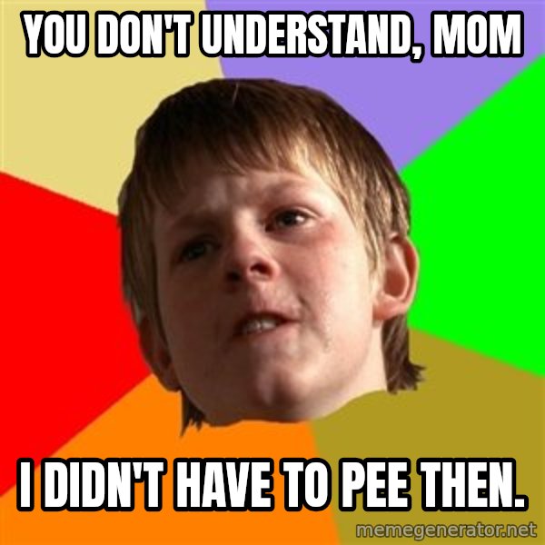 Angry School Boy meme: You don't understand, mom / I didn't have to pee then.