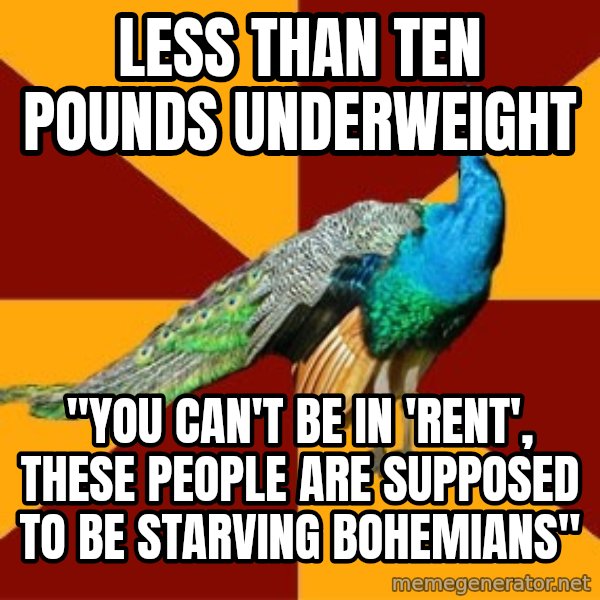 Thespian Peacock meme: less than ten pounds underweight / "You can't be in 'Rent', these people are supposed to be starving bohemians"