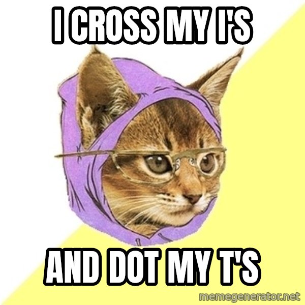 Hipster Kitty meme: I CroSS MY i's / and dot my t's