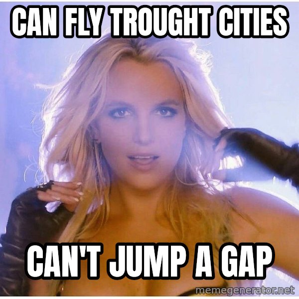 Professor Oak meme: can fly trought cities / can't jump a gap