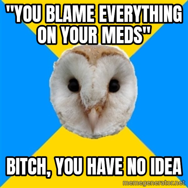 Bipolar Owl meme: "You blame everything on your meds" / bitch, you have no idea