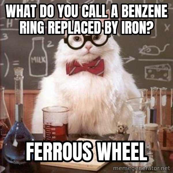 Chemistry Cat meme: what do you call a benzene ring replaced by iron? / ferrous wheel