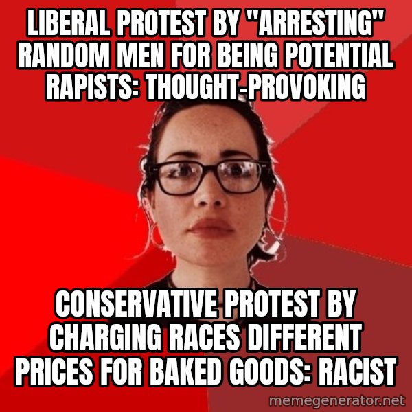 Liberal Douche Garofalo meme: liberal Protest by "arresting" random men for being potential rapists: Thought-provoking / Conservative protest by charging races different prices for baked goods: Racist