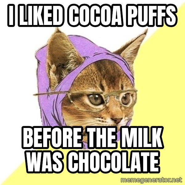 Hipster Kitty meme: I liked cocoa puffs / before the milk was chocolate
