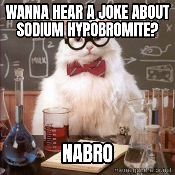 Chemistry Cat meme: Wanna hear a joke about sodium hypobromite? / nabro