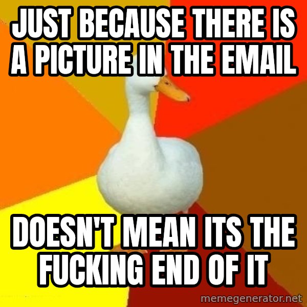Technologically Impaired Duck meme: Just because there is a picture in the email / Doesn't mean its the fucking end of it