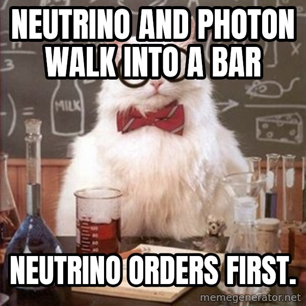 Chemistry Cat meme: neutrino and photon walk into a bar / Neutrino orders first.
