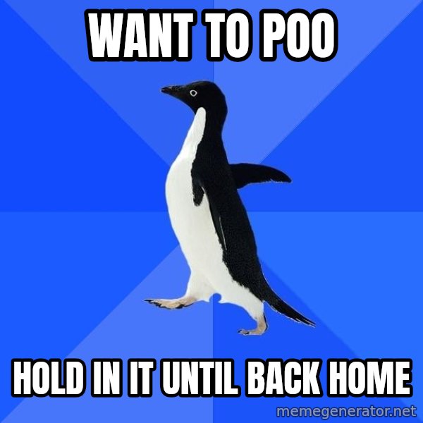 Socially Awkward Penguin meme: want to poo / hold in it until back home
