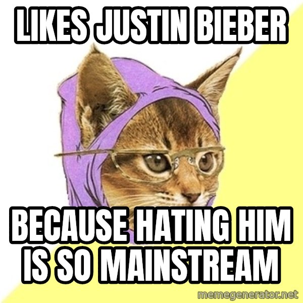 Hipster Kitty meme: Likes justin bieber / because hating him is so mainstream