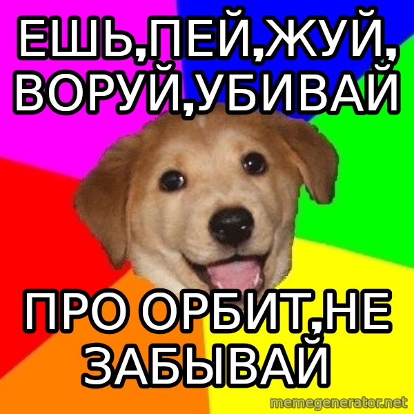 Advice Dog meme: ешь,пей,жуй,воруй,убивай / про орбит,не забывай