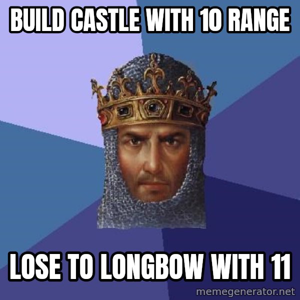 Age Of Empires meme: build castle with 10 range / lose to longbow with 11