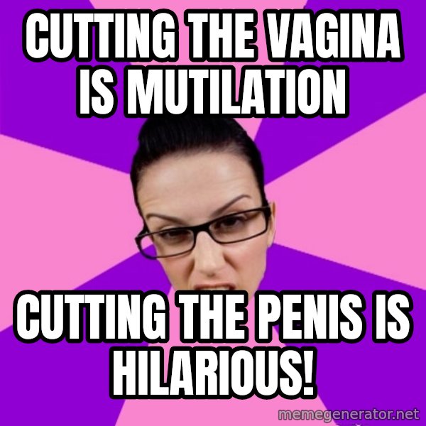 Privilege Denying Feminist meme: cutting the vagina is mutilation / cutting the penis is hilarious!