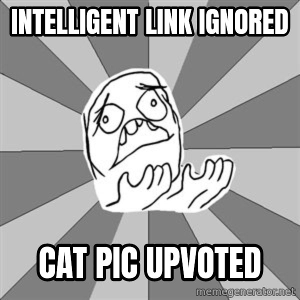 Whyyy??? meme: INTELLIGENT link ignored / cat pic upvoted