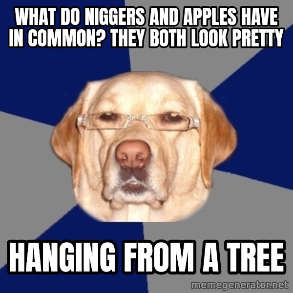 Racist Dawg meme: what do niggers and apples have in common? they both look pretty / hanging from a tree