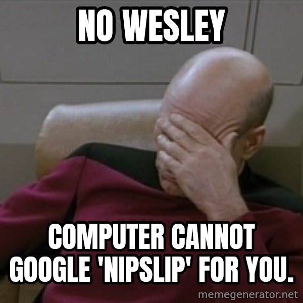 Picardfacepalm meme: NO WESLEY / computer cannot google 'nipslip' for you.
