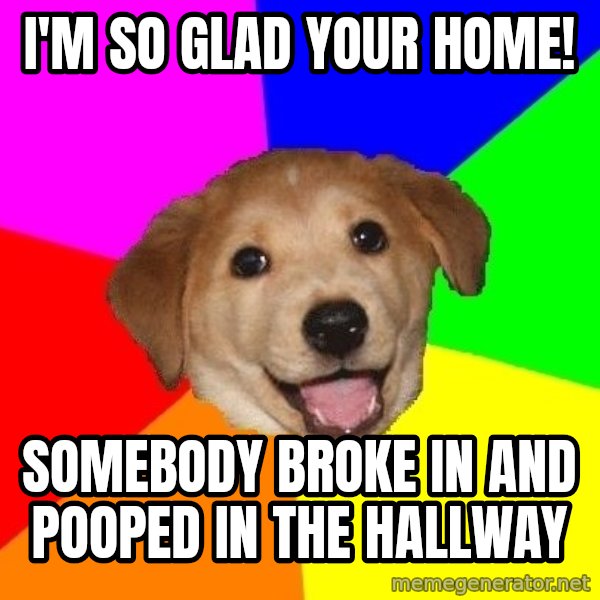Advice Dog meme: I'm So Glad Your Home! / SomeBody Broke in and Pooped in the Hallway