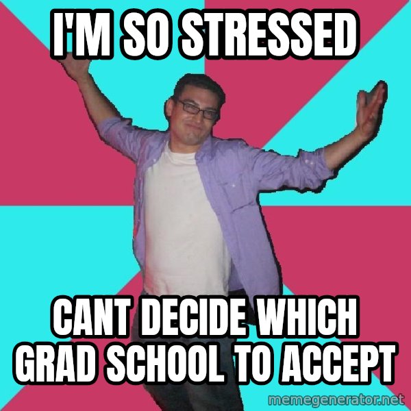 Douchebag Roommate meme: i'm so stressed / cant decide which Grad School to accept