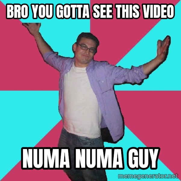 Douchebag Roommate meme: Bro you Gotta see this video / numa numa guy