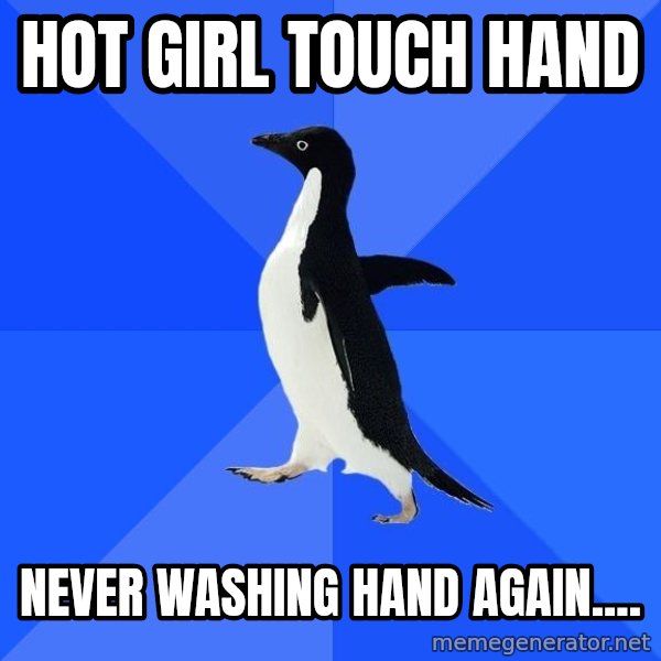 Socially Awkward Penguin meme: Hot girl touch  hand / never washing hand again....