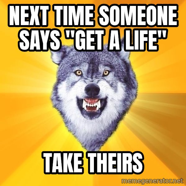 Courage Wolf meme: NEXT TIME SOMEONE SAYS "GET A LIFE" / TAKE THEIRS