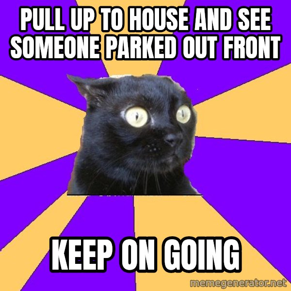 Anxiety Cat meme: PULL UP TO HOUSE AND SEE SOMEONE PARKED OUT FRONT / KEEP ON GOING