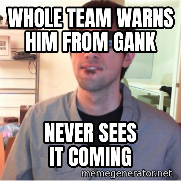 Hotshotgg meme: WHOLE TEAM WARNS HIM FROM GANK / NEVER SEES IT COMING