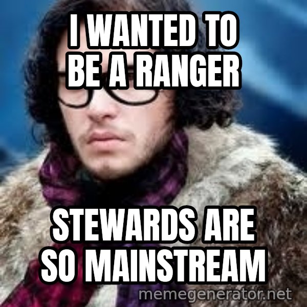 Hipster Jon Snow meme: I WANTED TO BE A RANGER / STEWARDS ARE SO MAINSTREAM